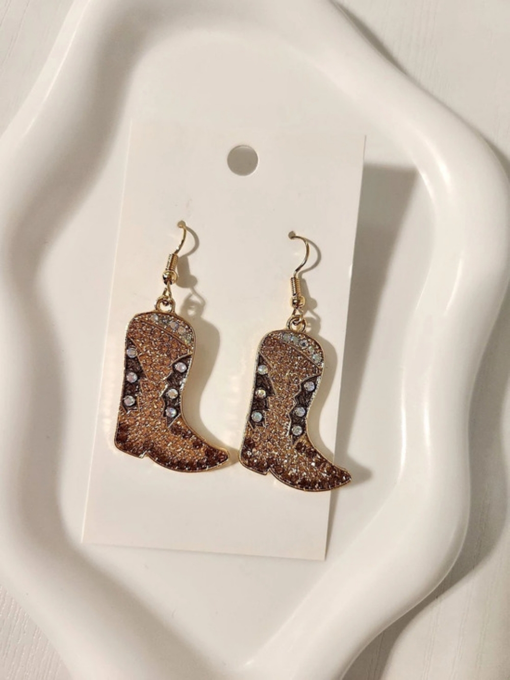 Rhinestone Cowboy Cowgirl Boot Dangle Earrings in Gold New With Tags